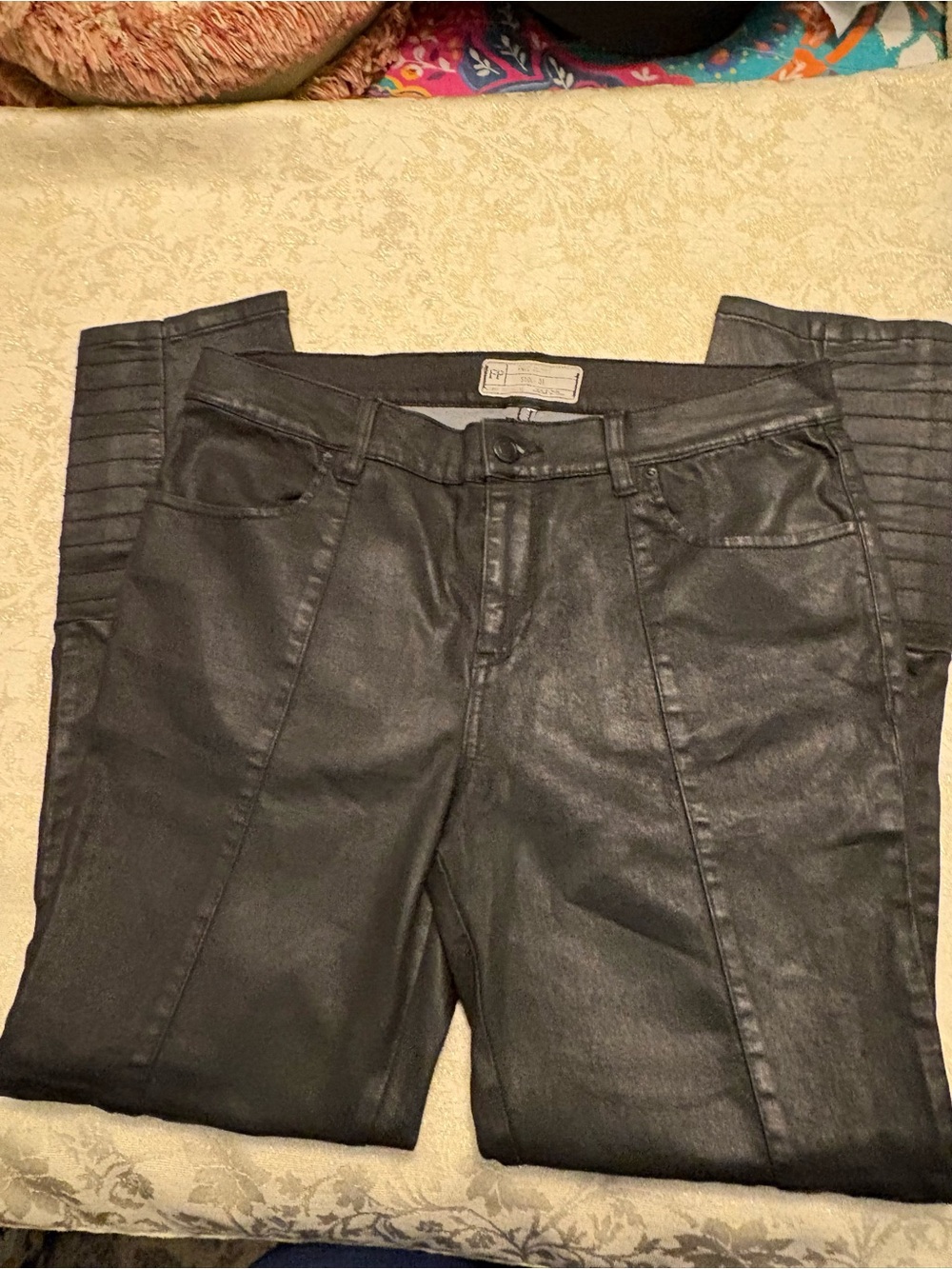Free People Black Jillian Coated Moto Skinny Jeans